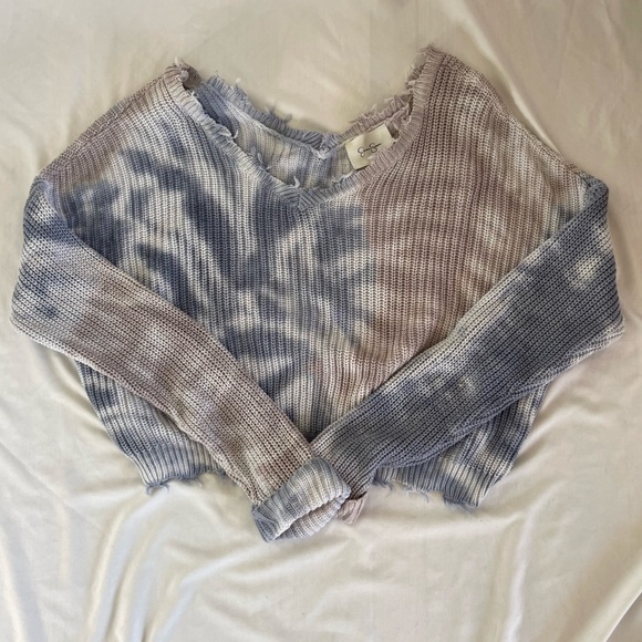 Jessica Simpson Women’s Sweater Tie Dye Waffle  Knit Crop Blue/brown/white Large - Picture 2 of 10